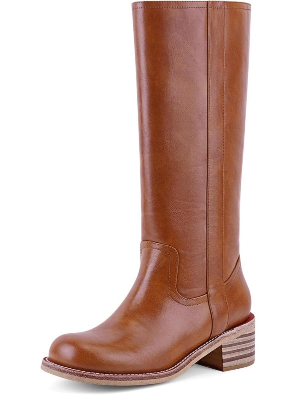 Women's Saddle Brown Low Heel Square Toe Chunky Block Heel Long Knee High Boot